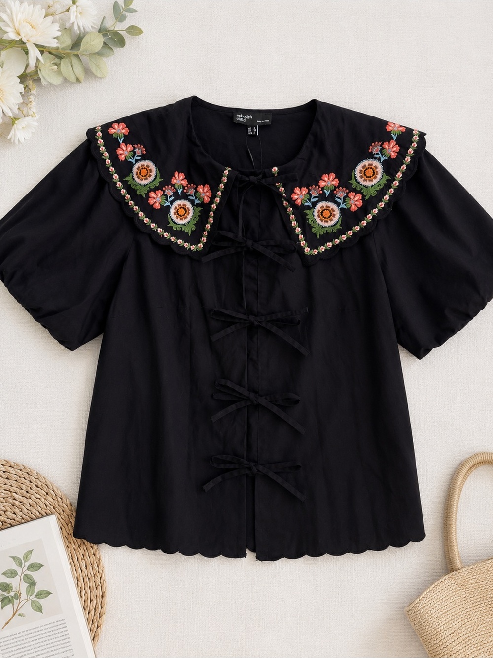 Nobody’s Child Embroidered Peter Pan Collar Ribbon Tie Blouse Black US 2 NWT